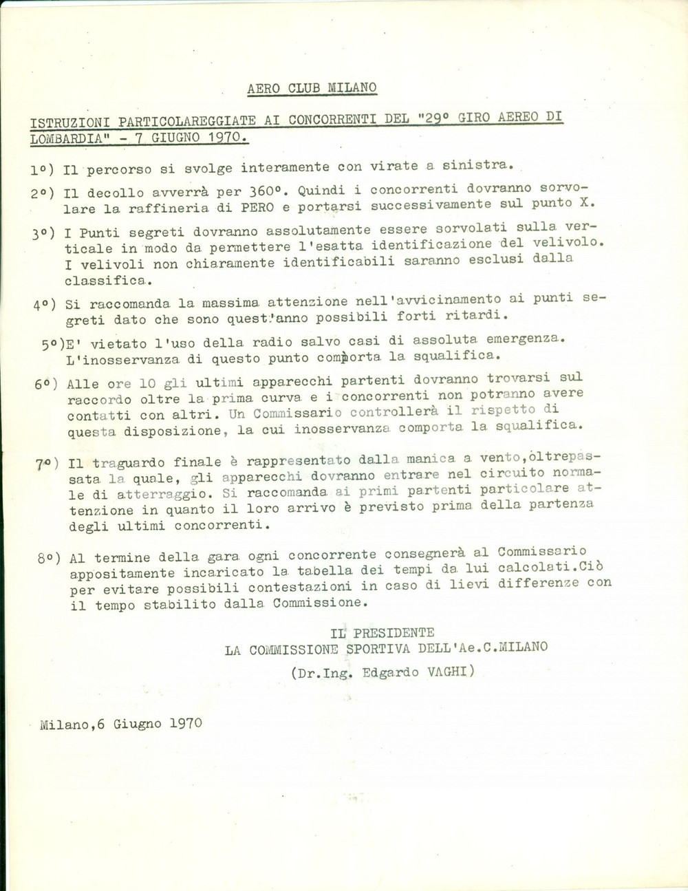 Documento originale, autentico 1970 MILANO AEROCLUB 29Â° giro aereo di LOMBARDIA Istruzioni ai concorrenti 1