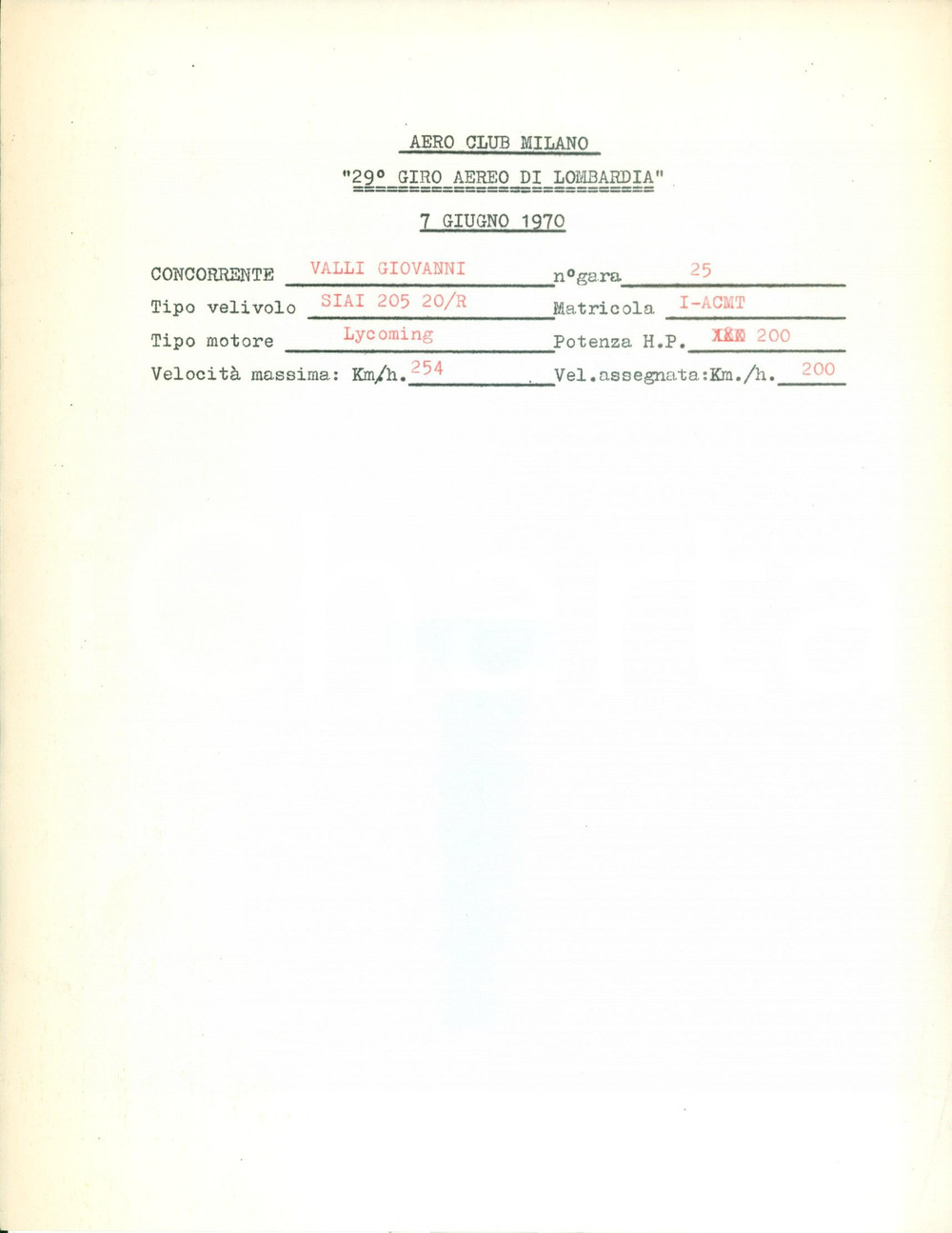 Documento originale, autentico 1970 MILANO AEROCLUB 29Â° giro aereo di LOMBARDIA Scheda di Giovanni VALLI 1