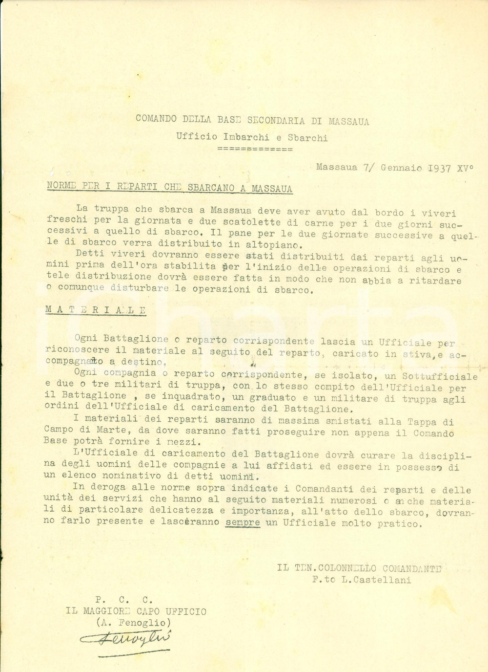 Documento originale, autentico 1937 MASSAUA ERITREA AOI Norme e viveri per lo sbarco dei reparti Documento 1