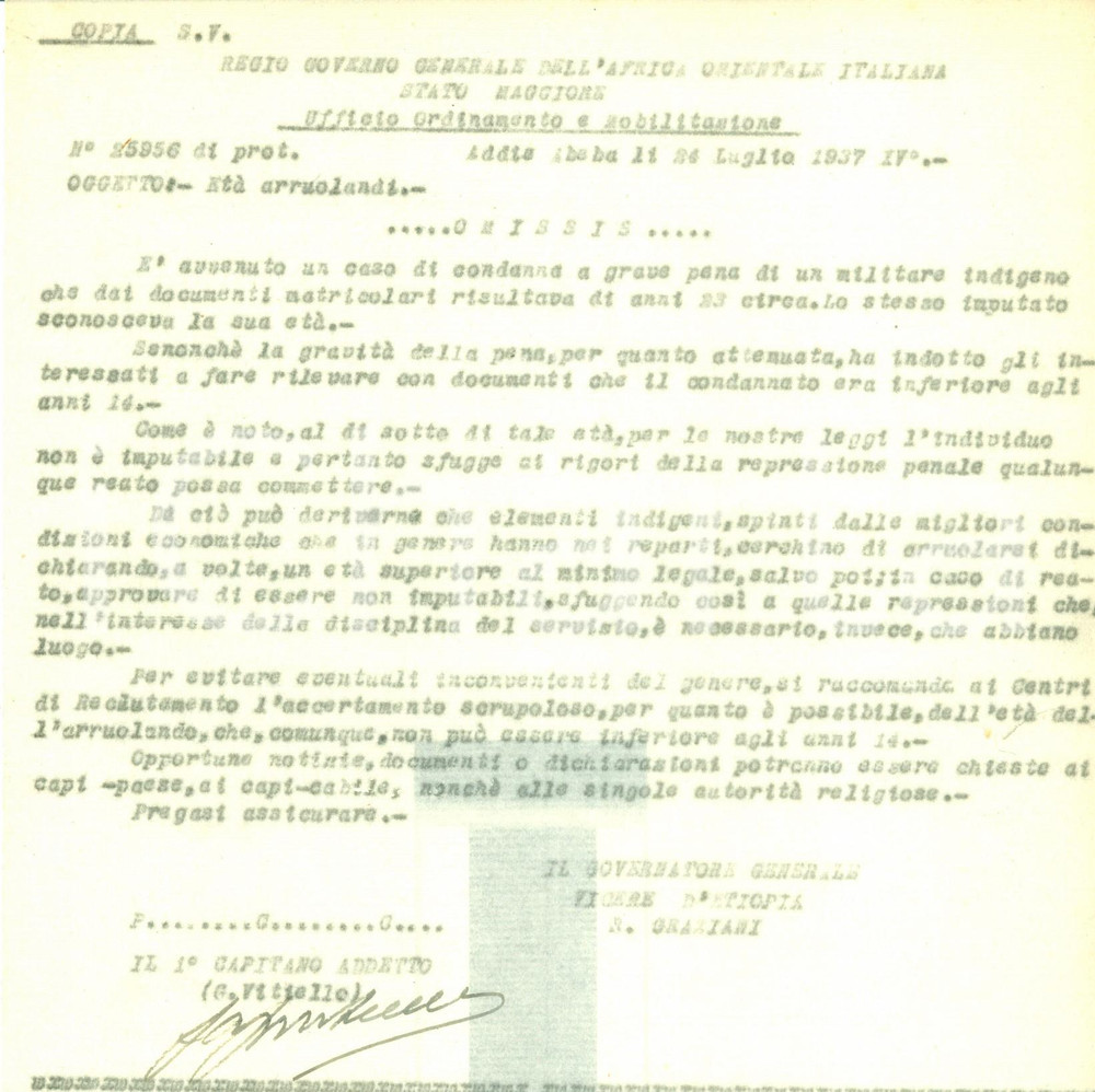 1937 ADDIS ABEBA (ETIOPIA) AOI Indigeni si arruolano mentendo sull'età Documento