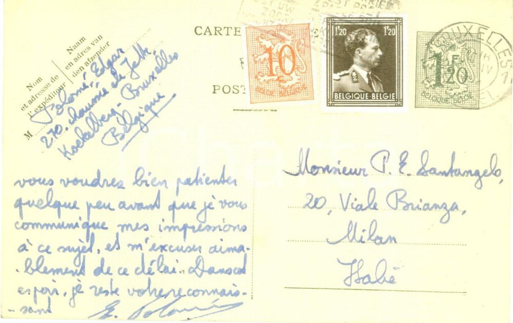 Autografo originale 1954 BRUXELLES Edgar Charles POLOME  ringrazia Paolo Ettore SANTANGELO Autografo 1