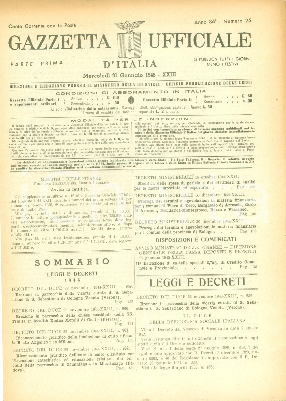 Documento originale, autentico 1945 GAZZETTA UFFICIALE RSI Riconoscimento fondazione SCUOLA BEATO ANGELICO 1