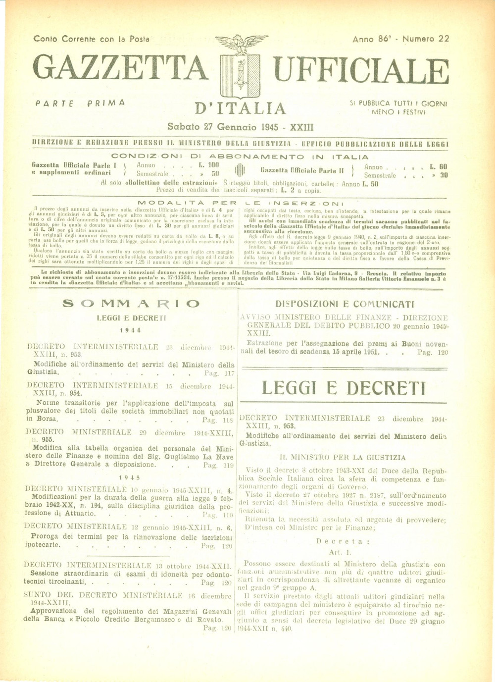 Documento originale, autentico 1945 GAZZETTA UFFICIALE RSI Nuovo ordinamento servizi Ministero della Giustizia 1