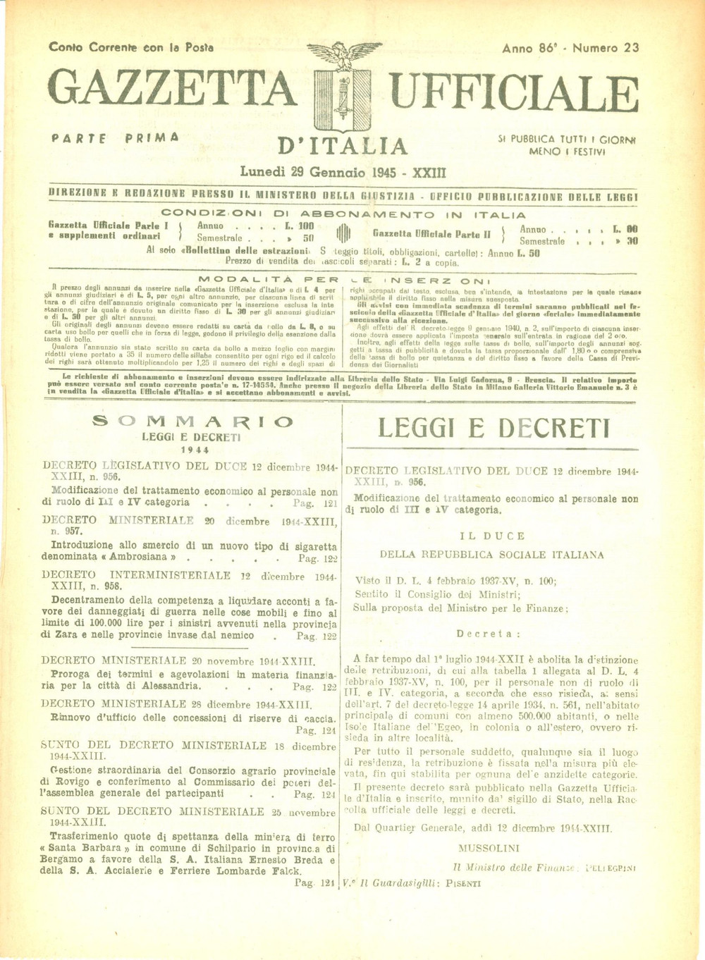 Documento originale, autentico 1945 GAZZETTA UFFICIALE RSI Introduzione nuovo sigaretta AMBROSIANA 1