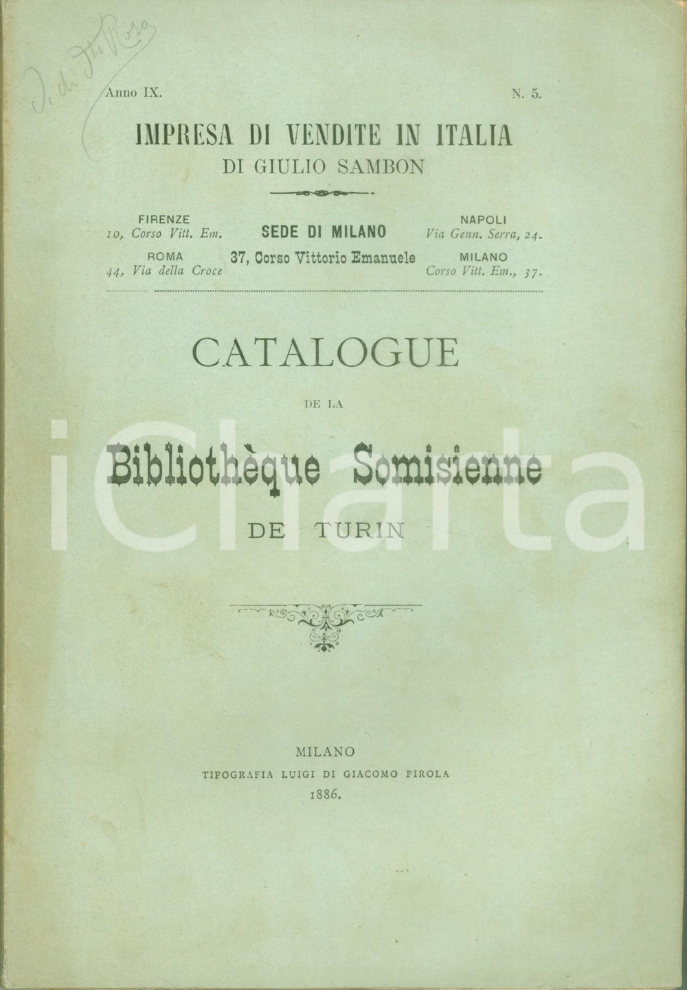 Libro, pubblicazione d epoca 1886 MILANO Giulio SAMBON Catalogue de la Bibliotheque Somisienne de Turin 1