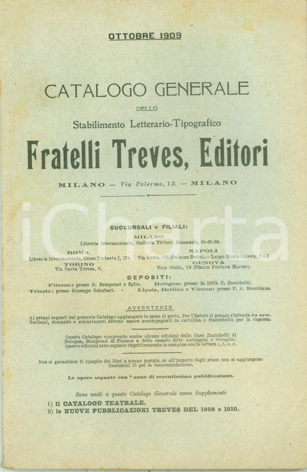 Libro, pubblicazione d epoca 1909 MILANO Catalogo generale FRATELLI TREVES Editori novitÃ  per il 1910 1