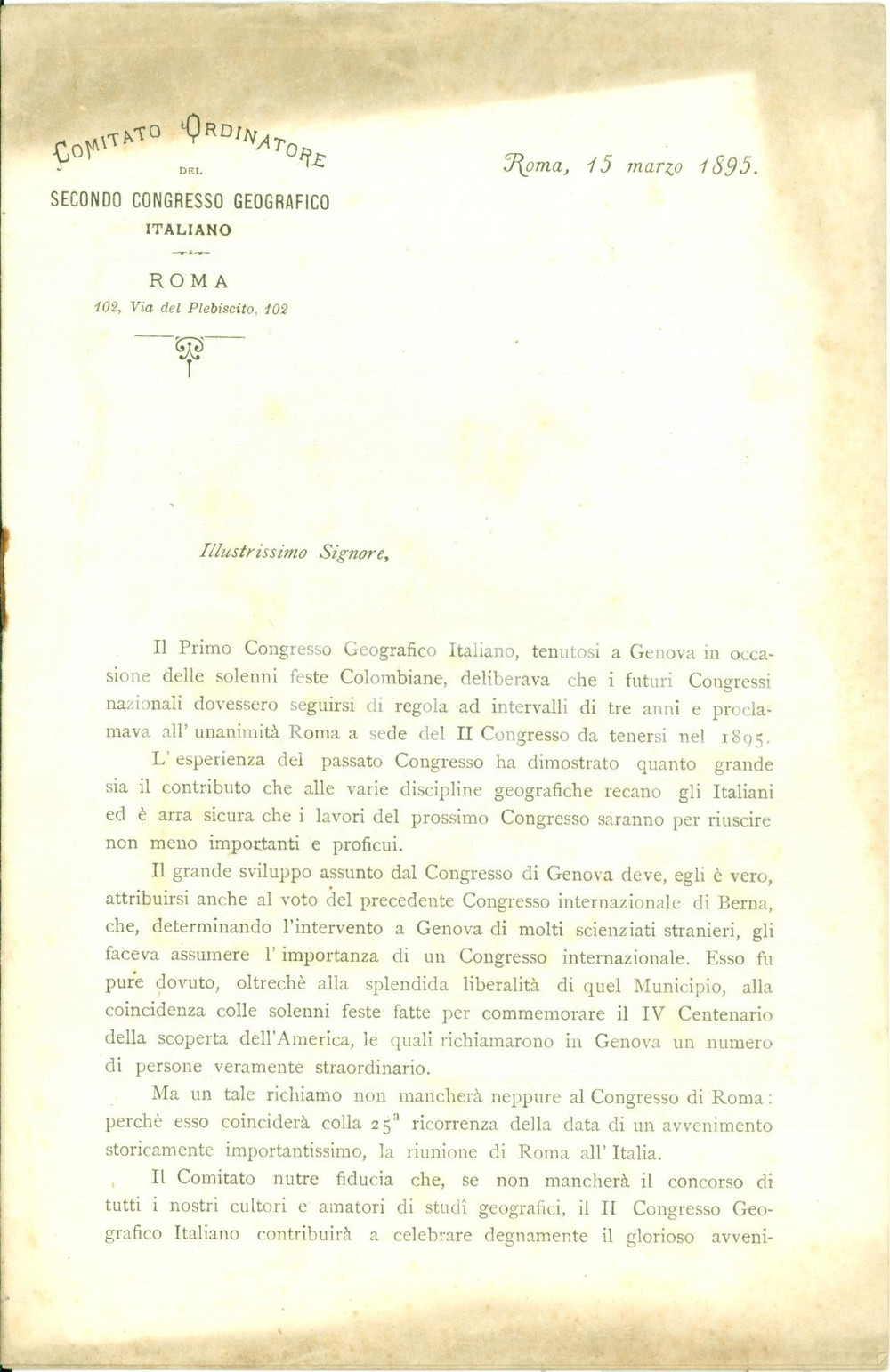 Documento originale, autentico 1895 ROMA Regolamento del Secondo Congresso Geografico Italiano Documento 1