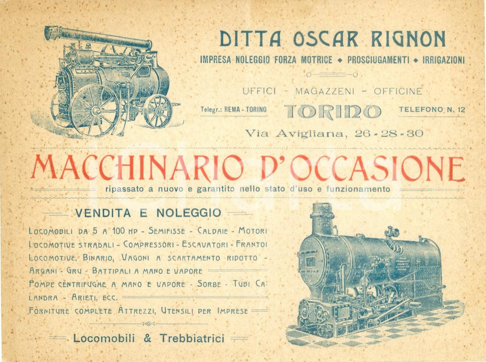 Materiale pubblicitario d’epoca 1920 ca TORINO Ditta Oscar RIGNON noleggio forza motrice locomobili ILLUSTRATO 1