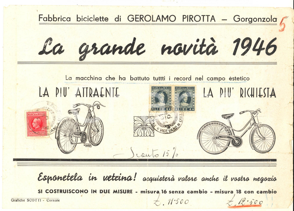 Materiale pubblicitario d’epoca 1946 GORGONZOLA Fabbrica biciclette Gerolamo PIROTTA Nuova bicicletta PIRGER 1