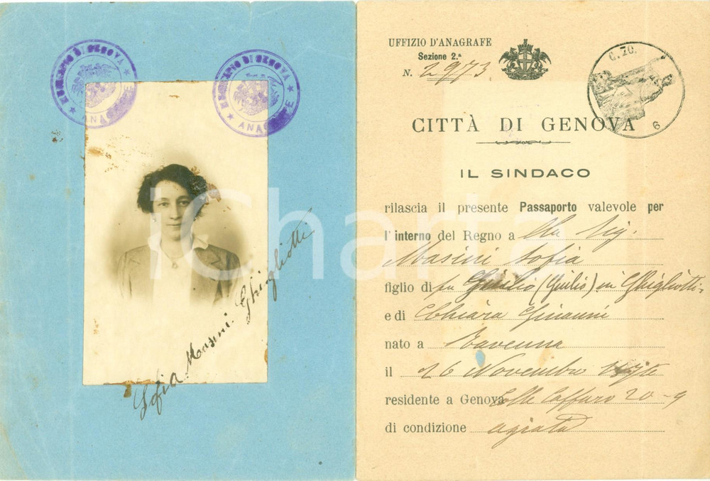 Documento originale, autentico 1916 GENOVA Sofia MASINI GHIGLIOTTI Passaporto per l Interno con FOTOGRAFIA 1