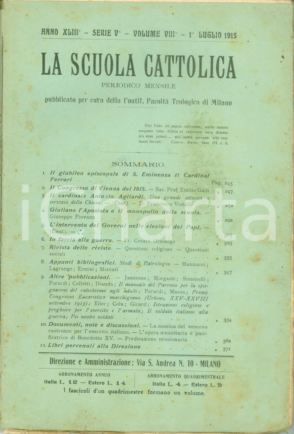 Giornale, rivista storica 1915 LA SCUOLA CATTOLICA Il Congresso di VIENNA del 1815 Rivista 1
