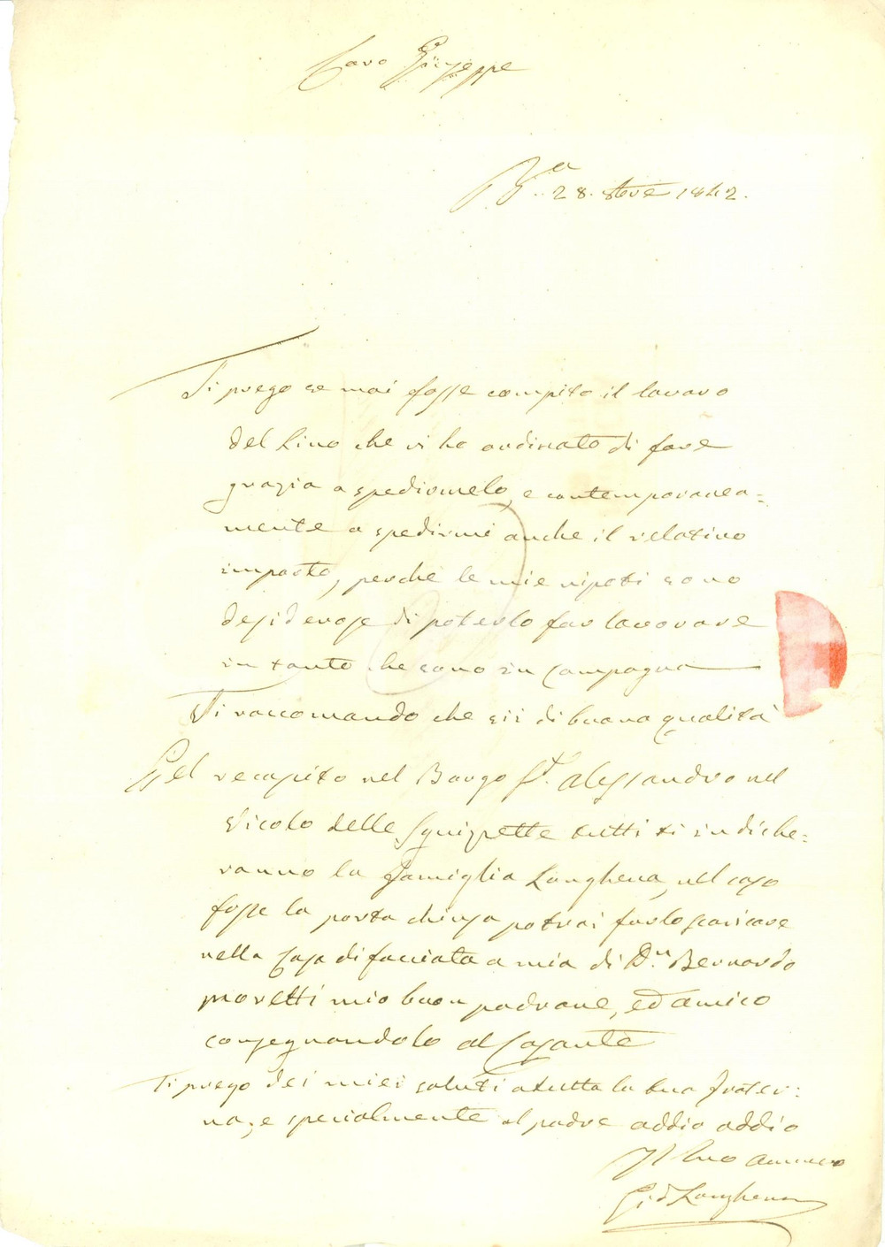 Documento originale, autentico 1842 BRESCIA Giovanni LONGHENA sollecita l invio del lino Prefilatelica 1