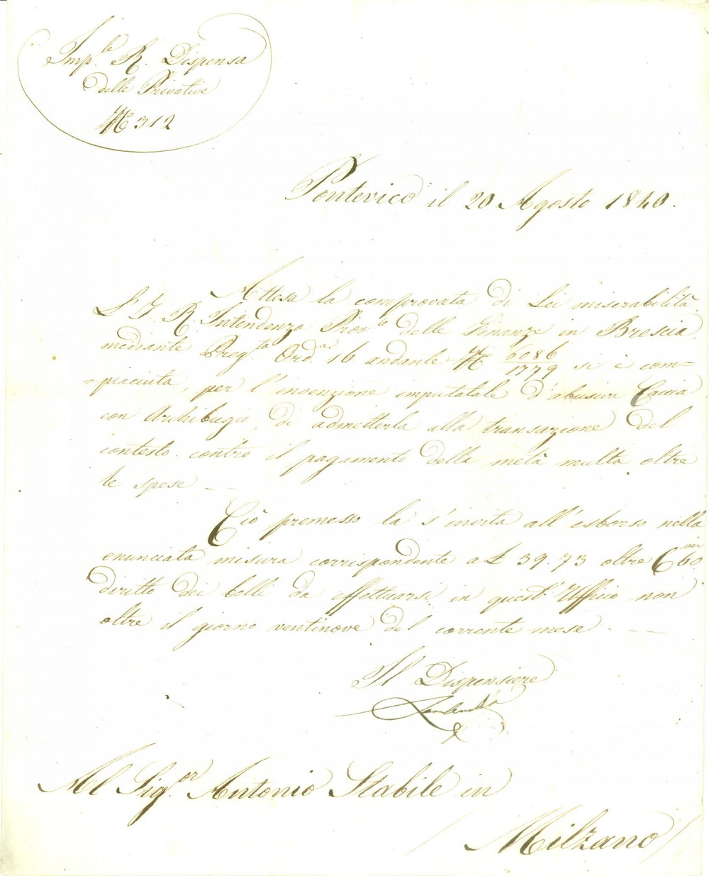 Documento originale, autentico 1840 PONTEVICO BS Antonio STABILE cacciatore abusivo con archibugio Lettera 1