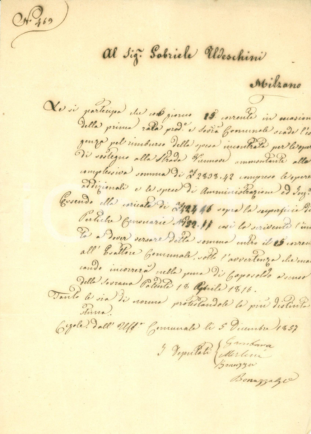 Documento originale, autentico 1857 CIGOLE BS Gabriele UDESCHINI deve contribuire a spese strada VIE NUOVE 1