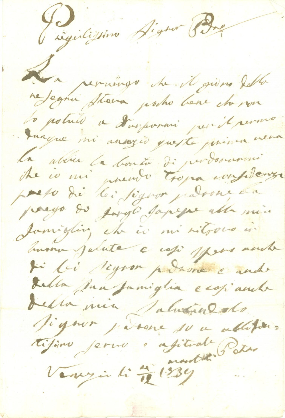 Documento originale, autentico 1839 VENEZIA Pietro MONTELLI di nuovo in buona salute Lettera prefilatelica 1