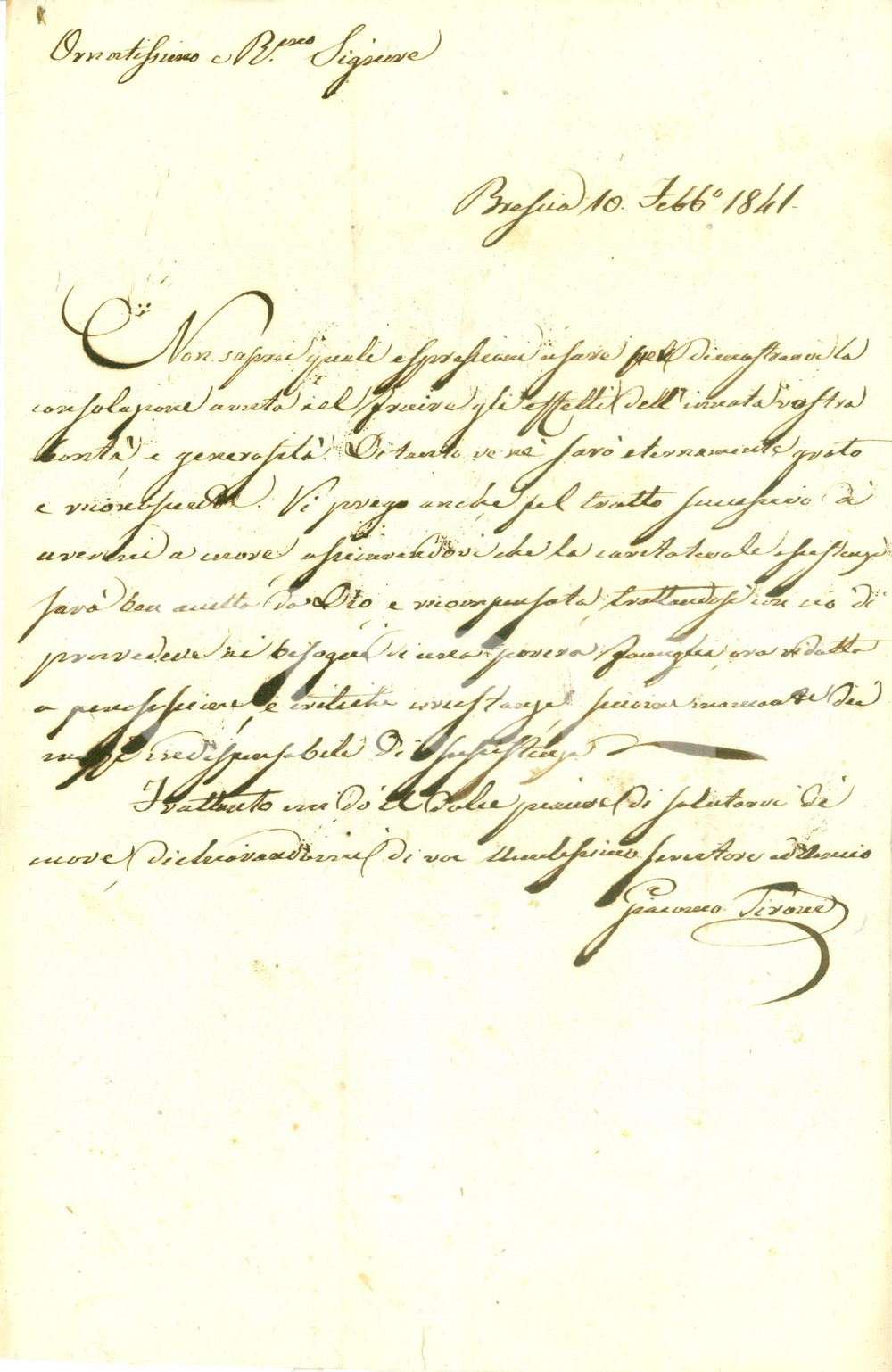 Documento originale, autentico 1841 BRESCIA Giacomo TIRONE ringrazia per aiuto alla sua famiglia Prefilatelica 1