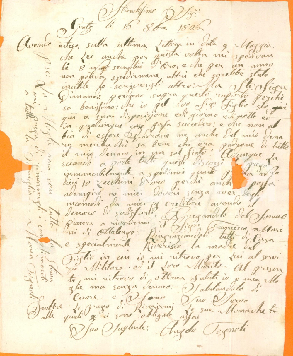 Documento originale, autentico 1826 GRAZ AUSTRIA Soldato Angelo TOGNOLI sempre disponibile, ma vuole denaro 1
