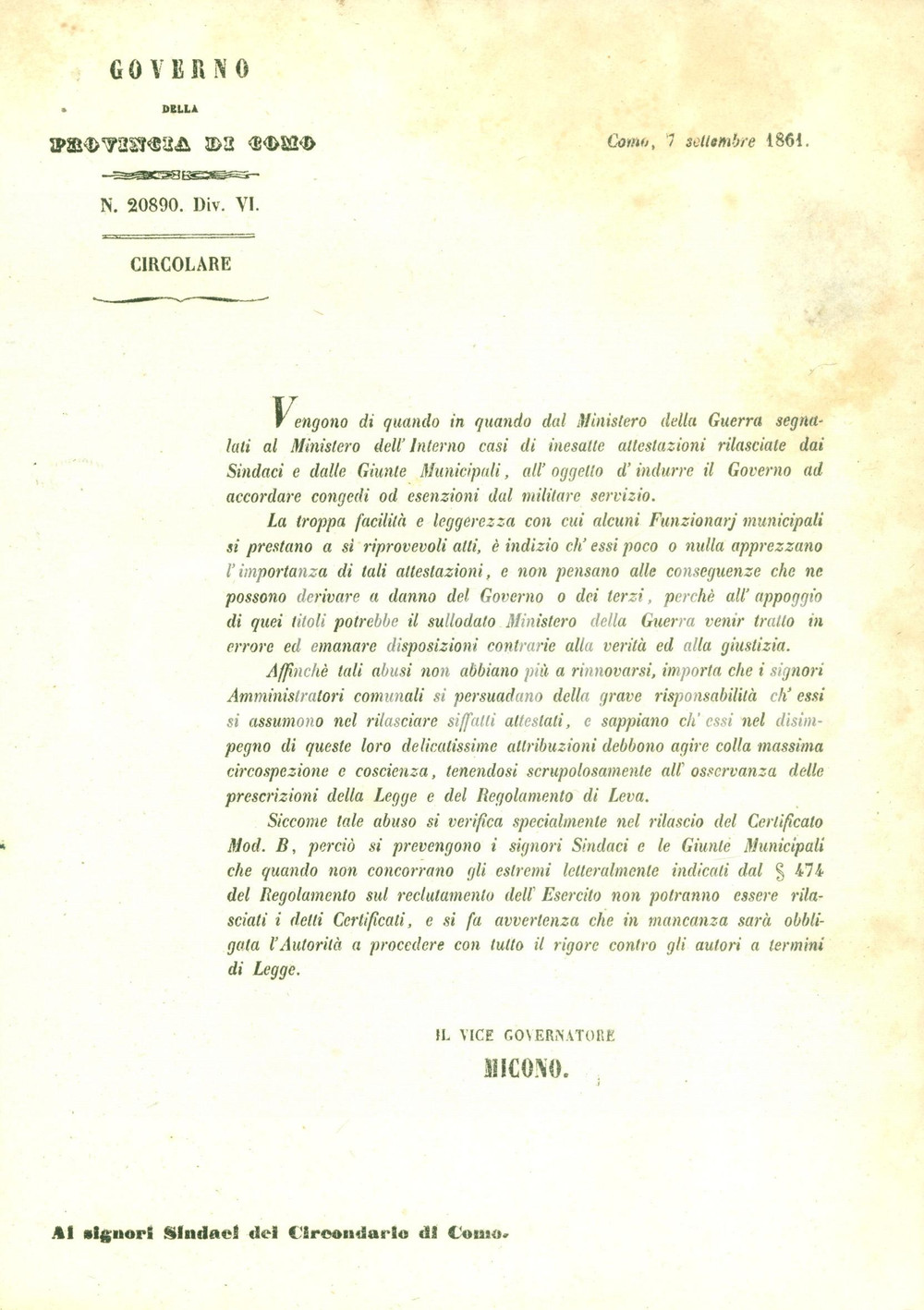 Documento originale, autentico 1861 COMO Comuni rilasciano false dichiarazioni per esenzioni servizio militare 1