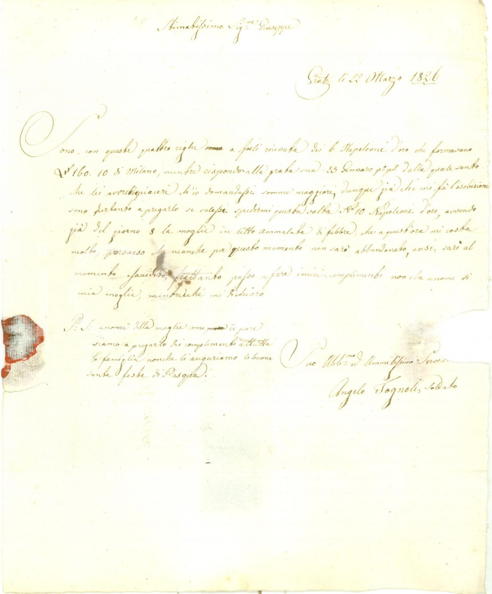 1826 GRAZ (AUSTRIA) Soldato Angelo TOGNOLI chiede sempre più soldi Prefilatelica