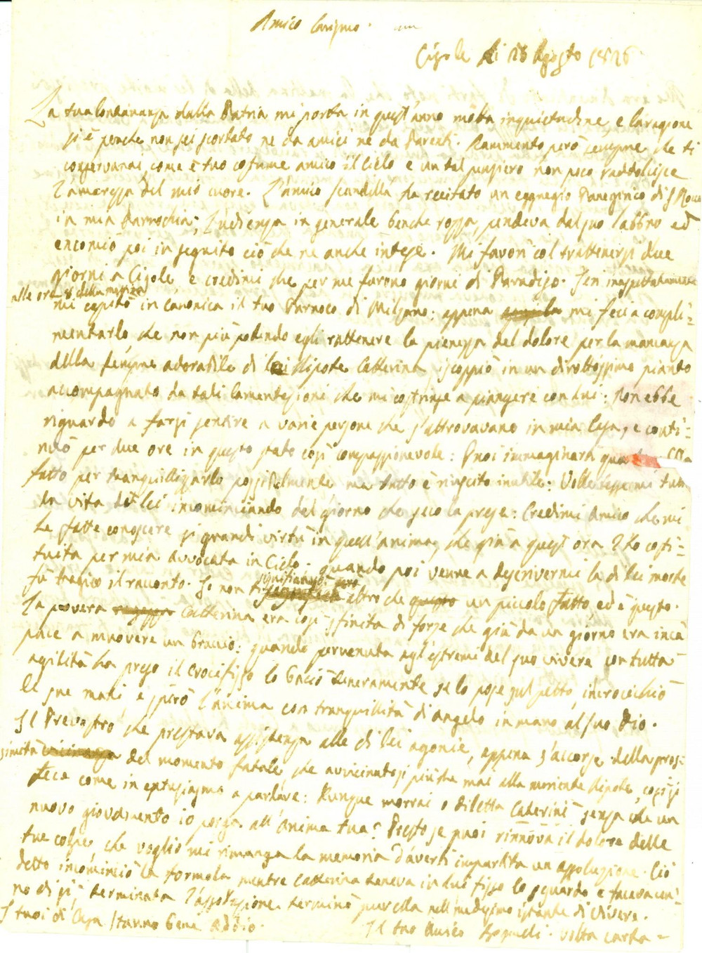 Documento originale, autentico 1826 MILZANO BS Tragica morte di Caterina, nipote del parroco Prefilatelica 1