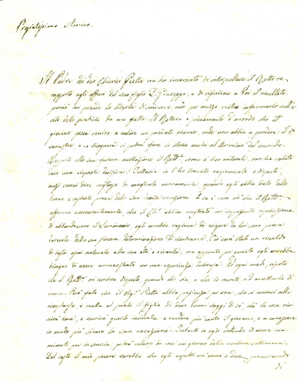 Documento originale, autentico 1842 BRESCIA Luigi LIVRAGA mette alla prova la vocazione di un seminarista 1