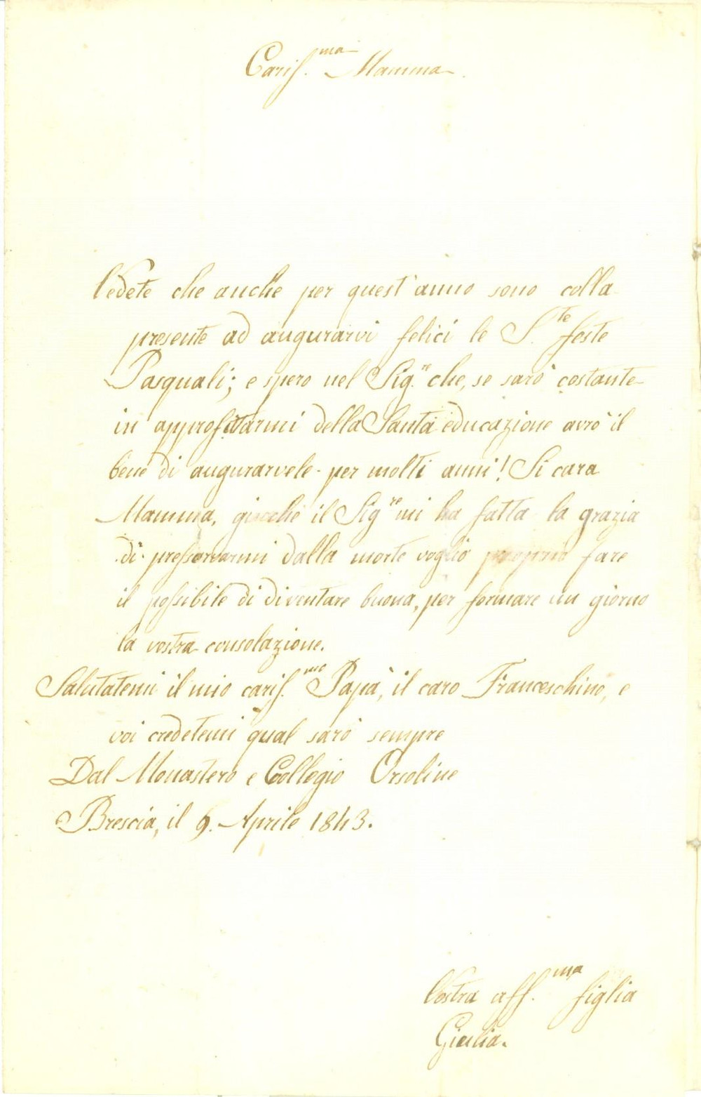 Documento originale, autentico 1843 BRESCIA COLLEGIO ORSOLINE Giulia CONTRATTI vuole essere una buona educanda 1