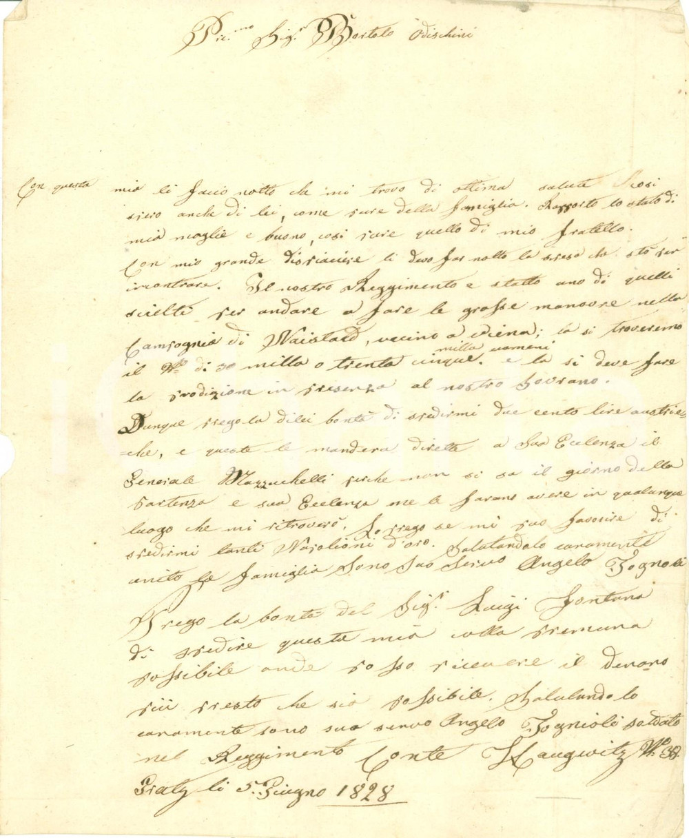 Documento originale, autentico 1828 GRAZ AUSTRIA Reggimento di Angelo TOGNOLI parte per Grandi Manovre WAISTALD 1