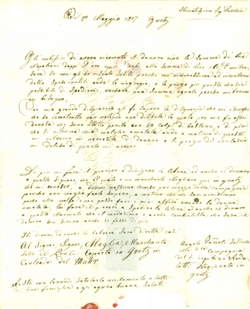 Documento originale, autentico 1827 GRAZ AUSTRIA Soldato Angelo TOGNOLI punito con cinquanta bastonate Lettera 1
