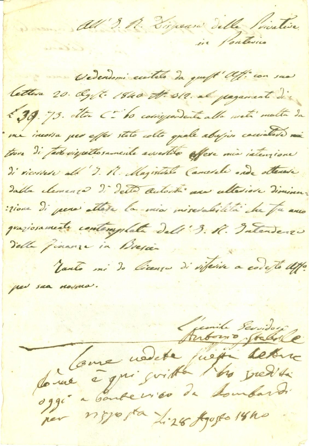 Documento originale, autentico 1840 PONTEVICO BS Antonio STABILE cacciatore abusivo chiede riduzione di multa 1