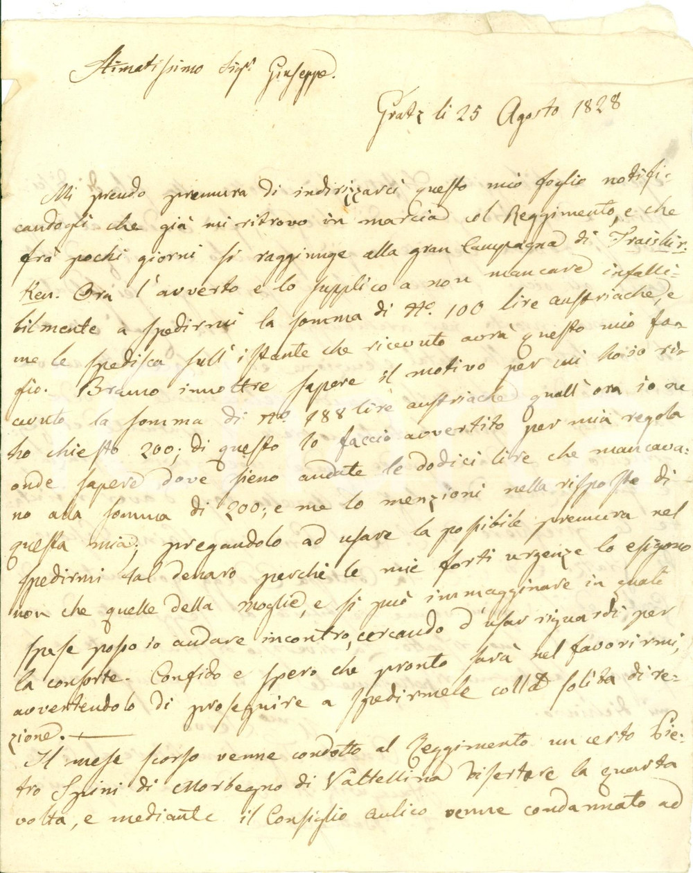 Documento originale, autentico 1828 GRAZ AUSTRIA Disertore Pietro SPINI di MORBEGNO scampa fucilazione Lettera 1
