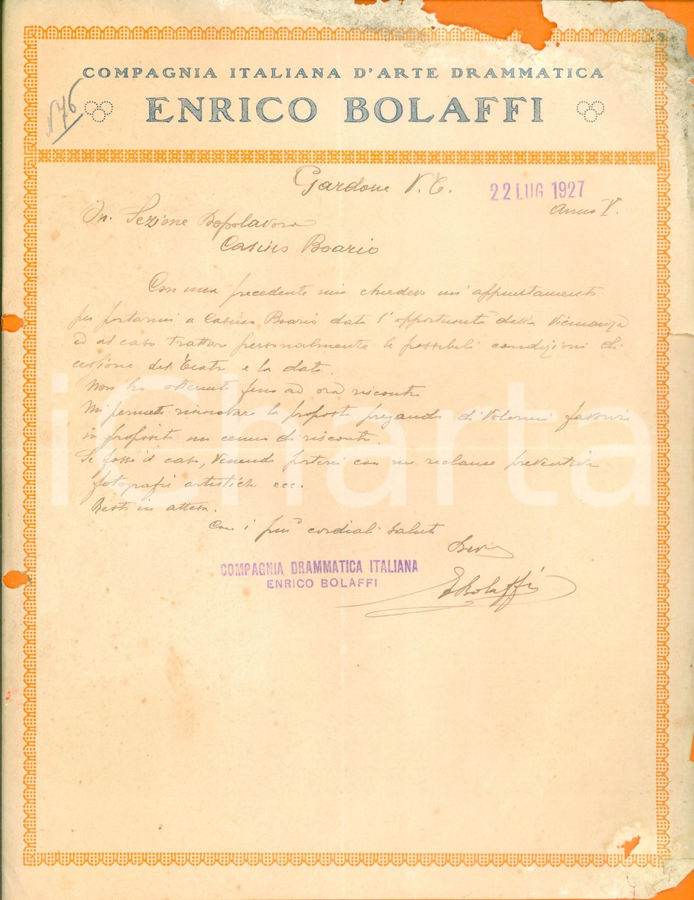 Autografo originale 1927 CASINO BOARIO BS Compagnia Teatrale Enrico BOLAFFI chiede teatro AUTOGRAFO 1
