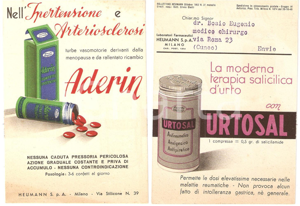 Materiale pubblicitario d’epoca 1952 MILANO Laboratori farmaceutici HEUMANN Analgesico URTOSAL Confetti ADERIN 1