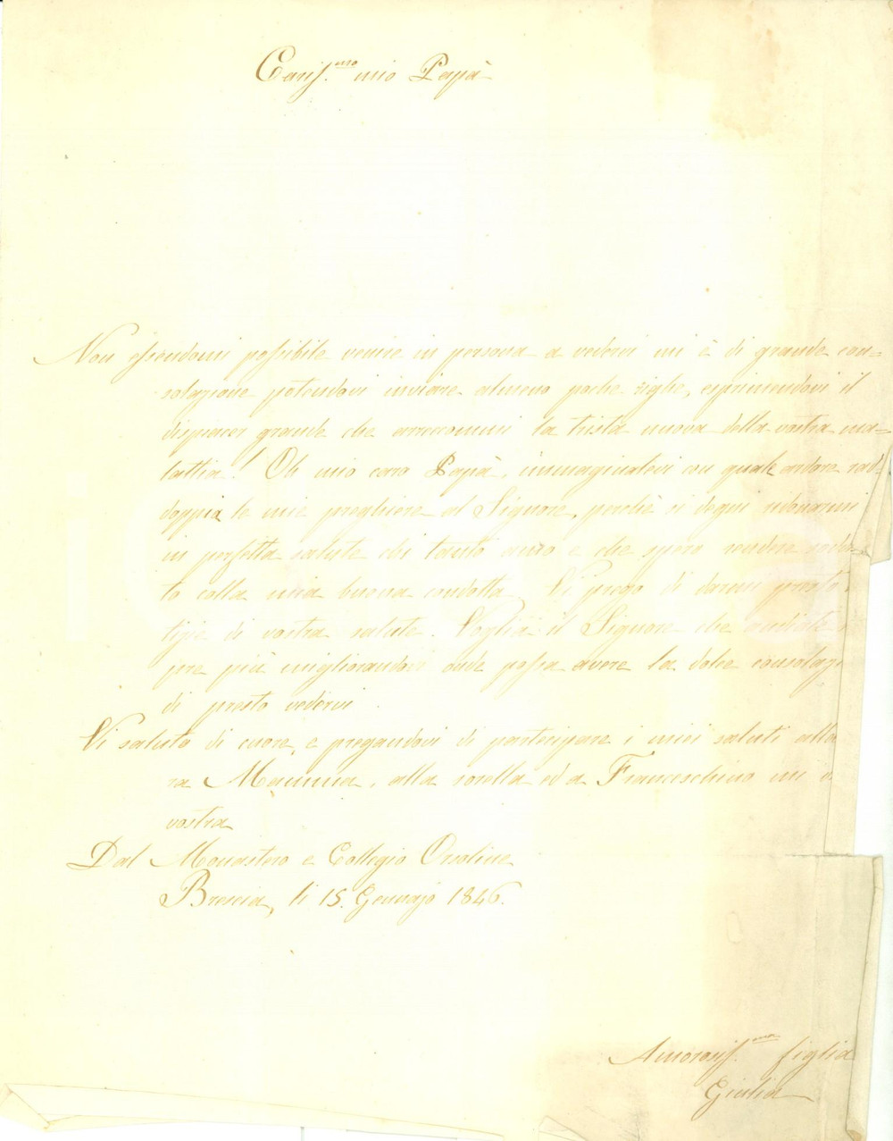 Documento originale, autentico 1846 BRESCIA COLLEGIO ORSOLINE Giulia CONTRATTI prega per guarigione del padre 1