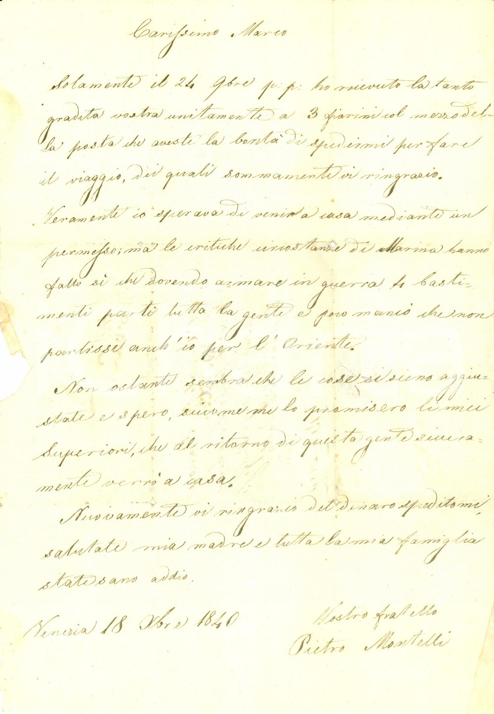 Documento originale, autentico 1840 VENEZIA Marina militare arma per la guerra quattro bastimenti per ORIENTE 1