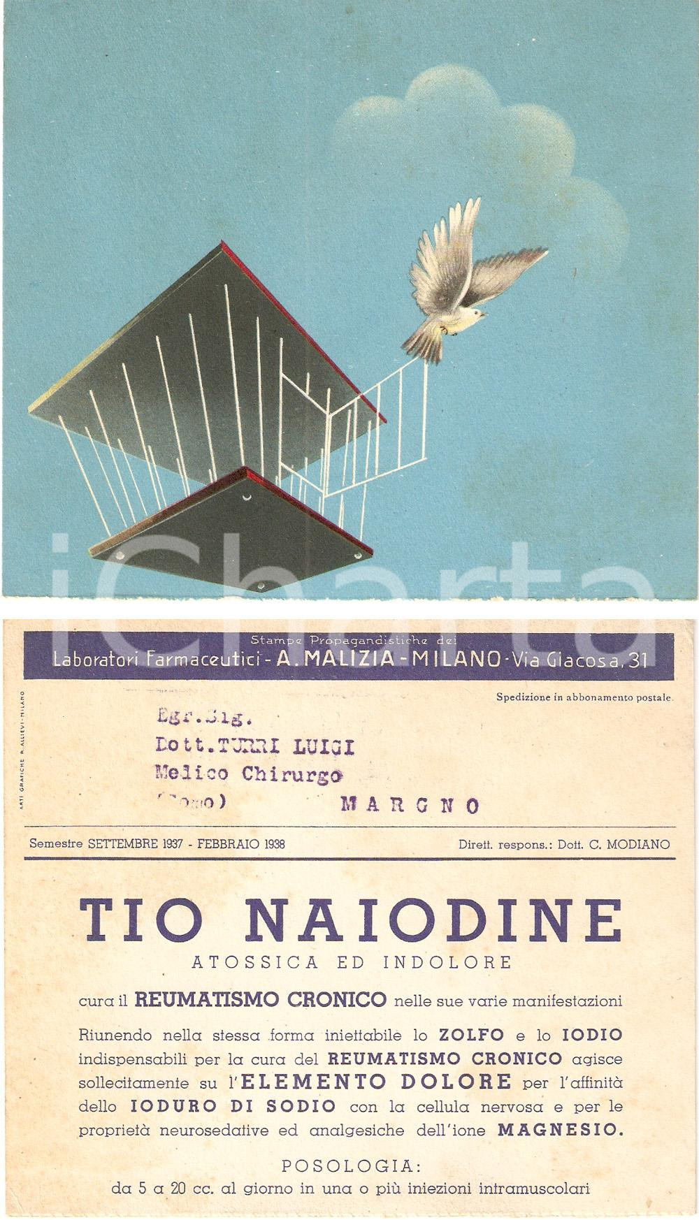Materiale pubblicitario d’epoca 1937 MILANO Laboratori farmaceutici MALIZIA Farmaco TIO NAIODINE Illustrato 1