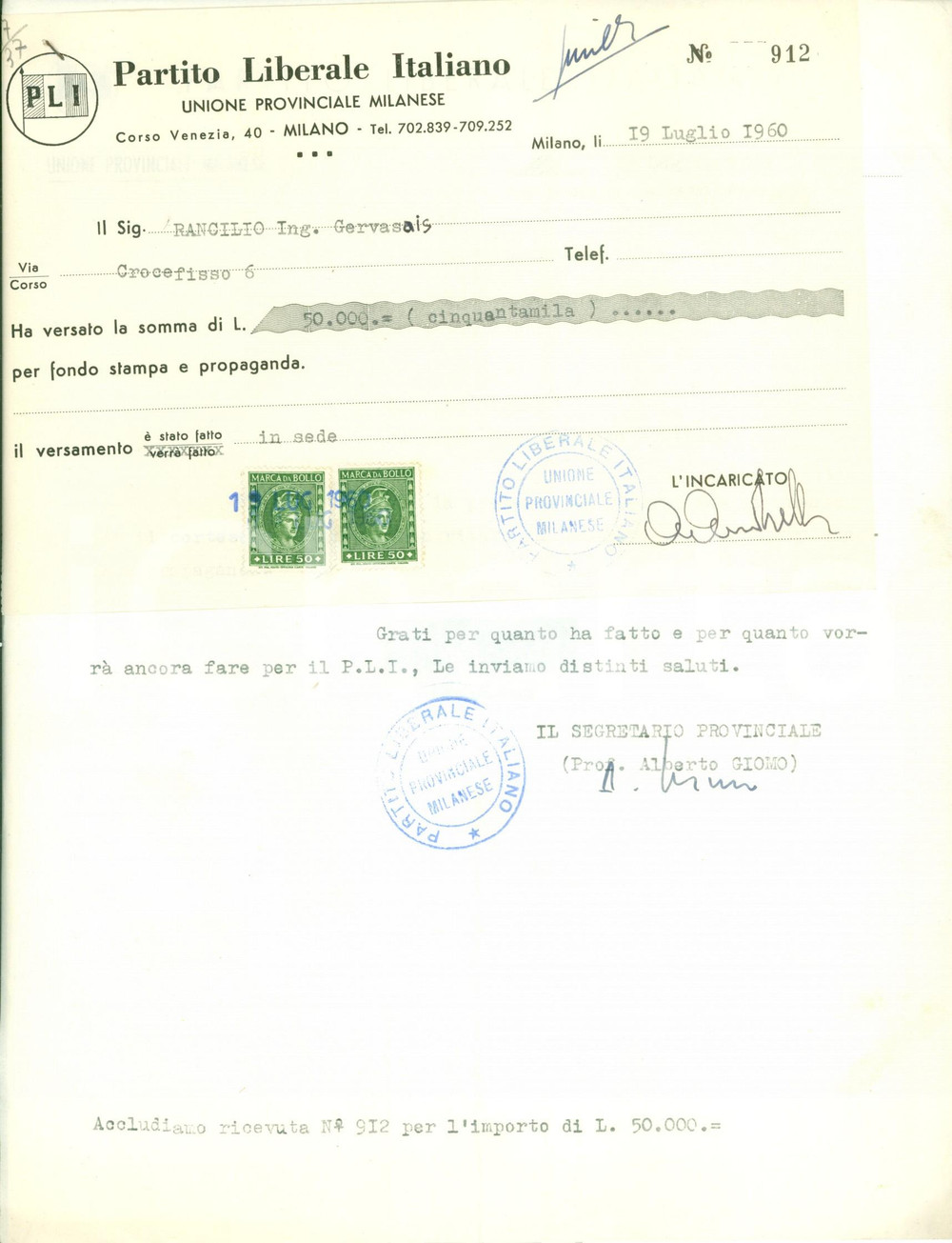 Materiale pubblicitario d’epoca 1960 MILANO Contributi alla propaganda del PARTITO LIBERALE ITALIANO Documento 1