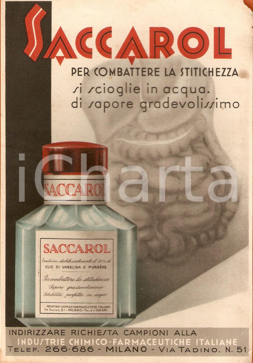 Materiale pubblicitario d’epoca 1936 MILANO Industrie ChimicoFarmaceutiche Italiane SACCAROL Danneggiato 1