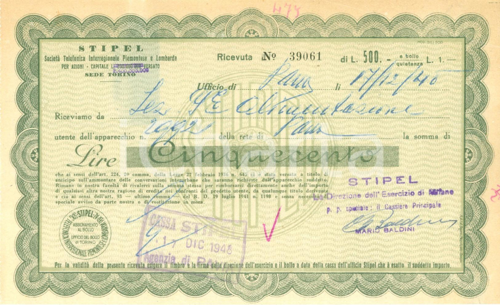 Documento originale, autentico 1948 PAVIA Ricevuta STIPEL per utilizzo apparecchio telefonico 1