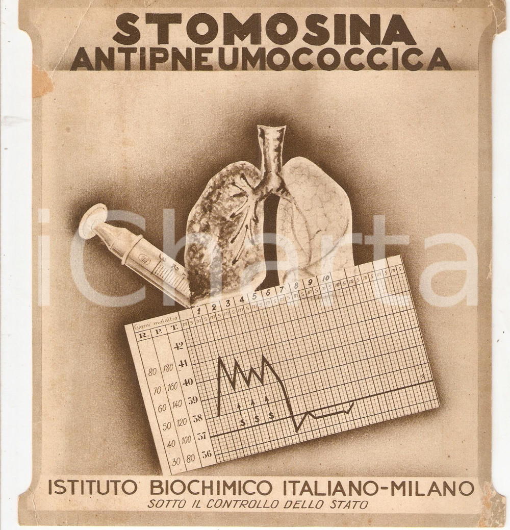 Materiale pubblicitario d’epoca 1936 MILANO Istituto Biochimico Italiano STOMOSINA Antipneumococcica ILLUSTRATO 1