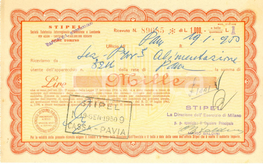 Documento originale, autentico 1950 PAVIA Ricevuta STIPEL per utilizzo apparecchio telefonico 1
