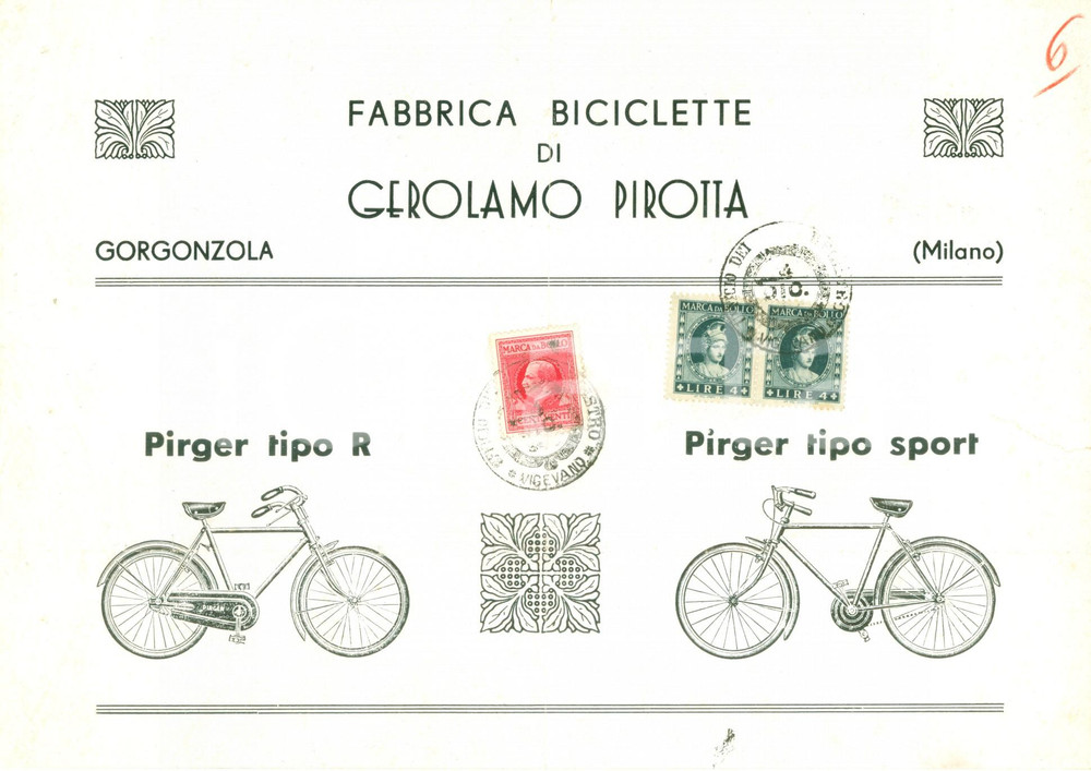 Materiale pubblicitario d’epoca 1945 GORGONZOLA MI Fabbrica Gerolamo PIRROTTA Biciclette PIRGER Volantino 1