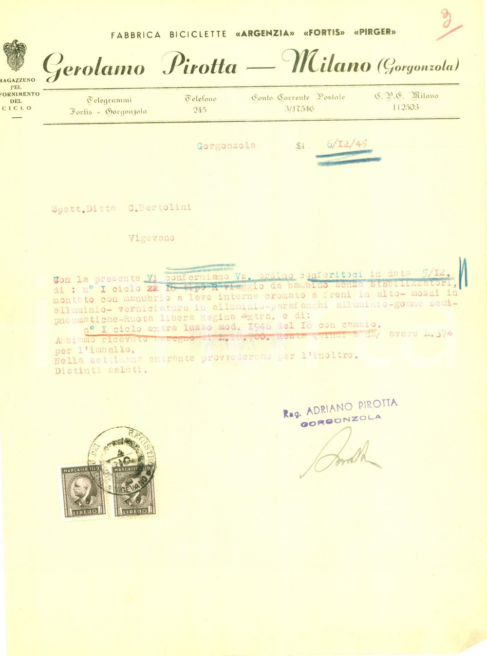 Documento originale, autentico 1945 GORGONZOLA MI Gerolamo PIROTTA invia biciclette di lusso Documento 1