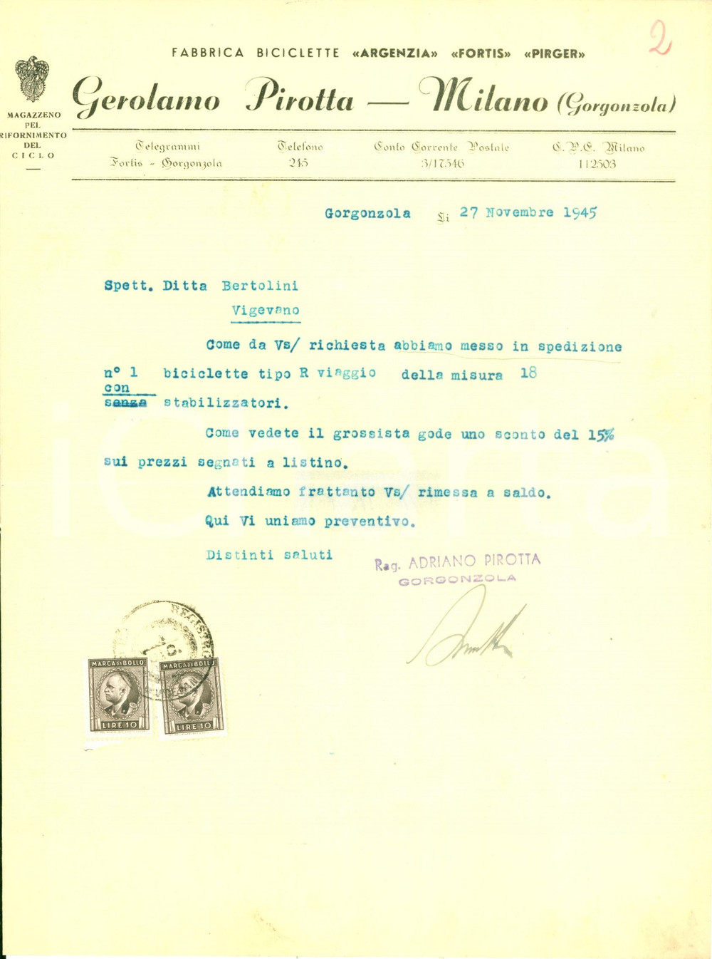 Documento originale, autentico 1945 GORGONZOLA MI Gerolamo PIROTTA invia biciclette da viaggio Documento 1