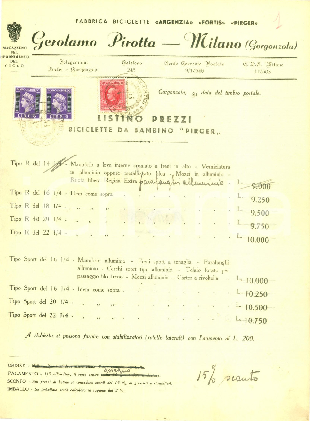 Documento originale, autentico 1945 GORGONZOLA MI Gerolamo PIROTTA fabbrica biciclette Listino prezzi PIRGER 1