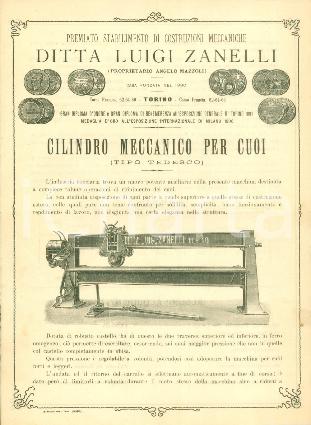 Materiale pubblicitario d’epoca 1910 TORINO Ditta Luigi ZANELLI Stabilimento costruzioni meccaniche ILLUSTRATO 1