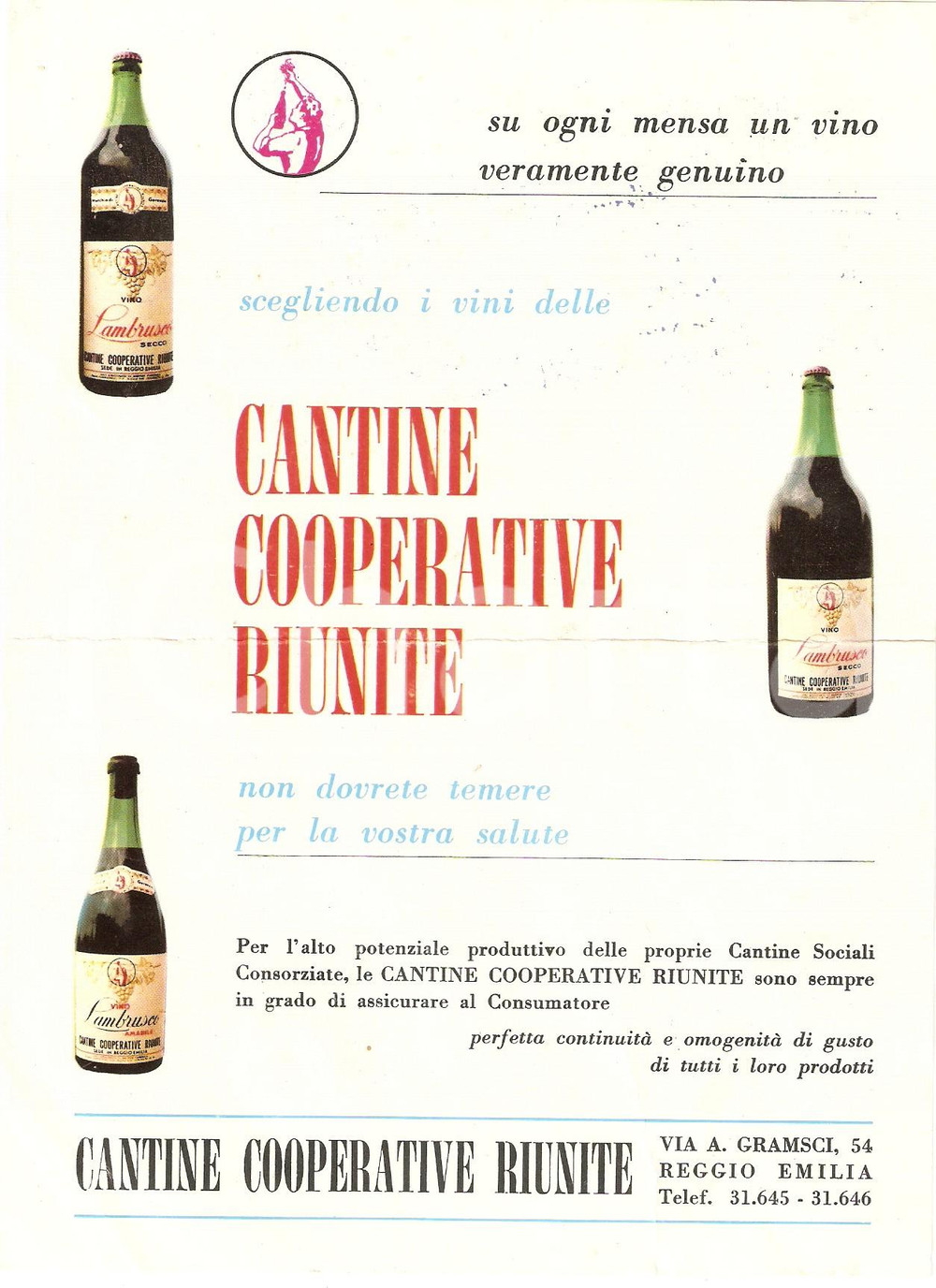 Materiale pubblicitario d’epoca 1960 ca REGGIO EMILIA Cantine Cooperative Riunite Volantino ILLUSTRATO 1