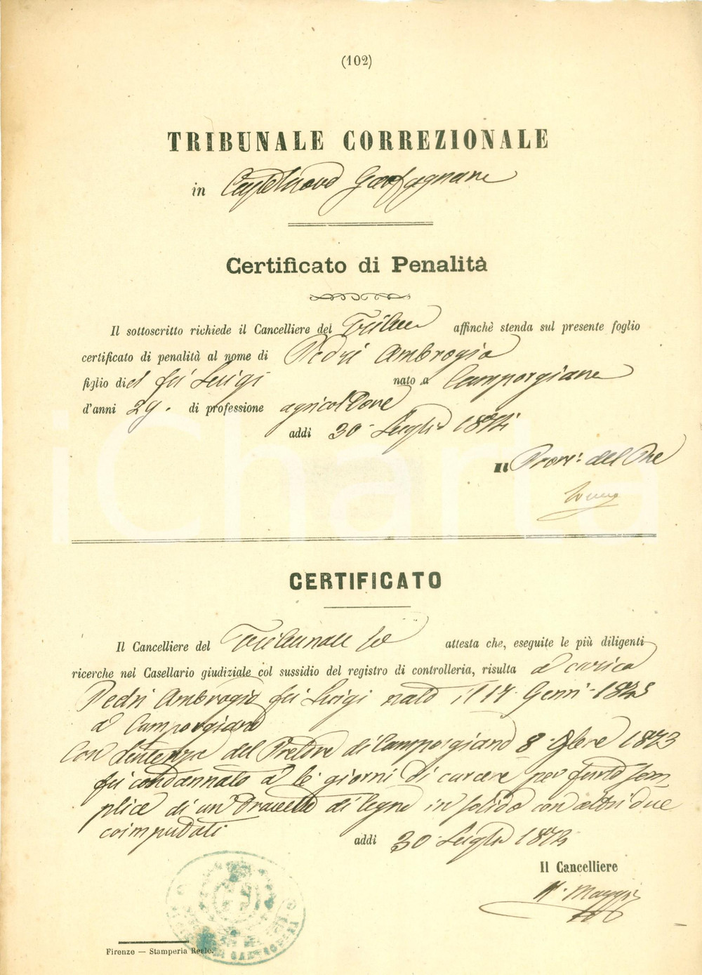 Documento originale, autentico 1874 CASTELNUOVO GARFAGNANA Tribunale Correzionale Ambrogio PEDRI ruba travetto 1