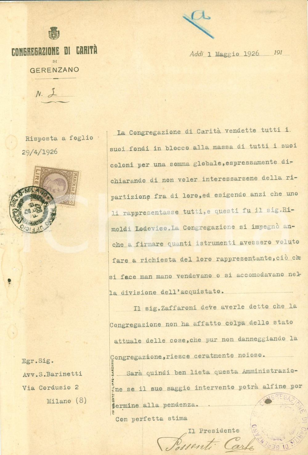 1926 GERENZANO (VA) Congregazione di Carità non vuole noie dai coloni *Documento