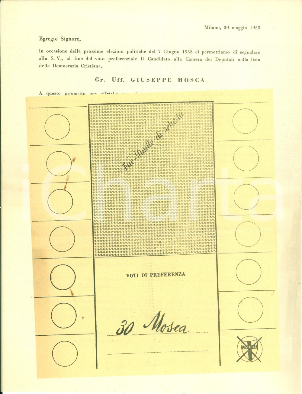 Materiale pubblicitario d’epoca 1953 ELEZIONI POLITICHE DC Votate Giuseppe MOSCA Presidente UCID Volantino 1