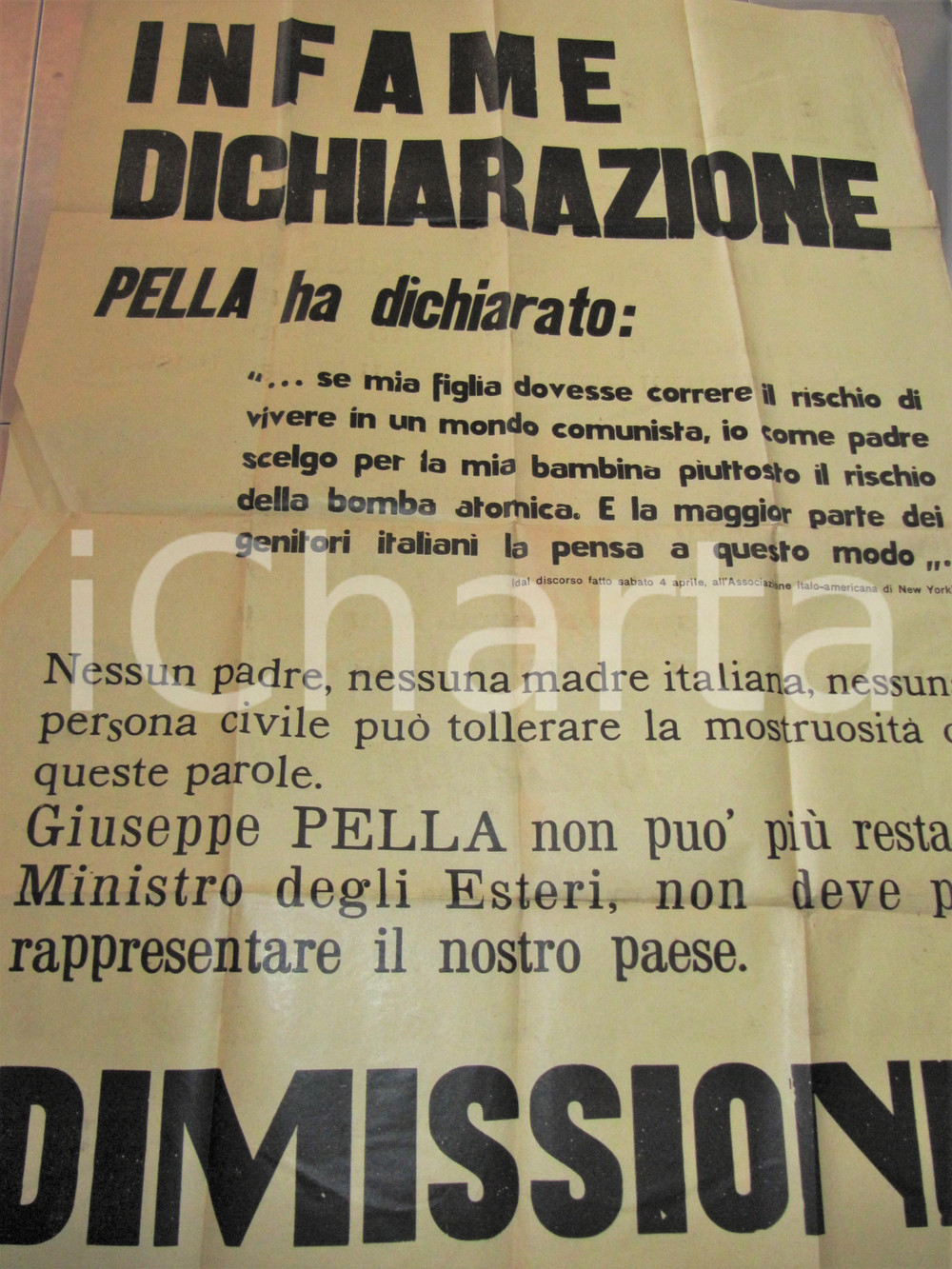 Documento originale, autentico 1959 ROMA PCI Giuseppe PELLA Meglio la bomba atomica del Comunismo 70x100 cm 1